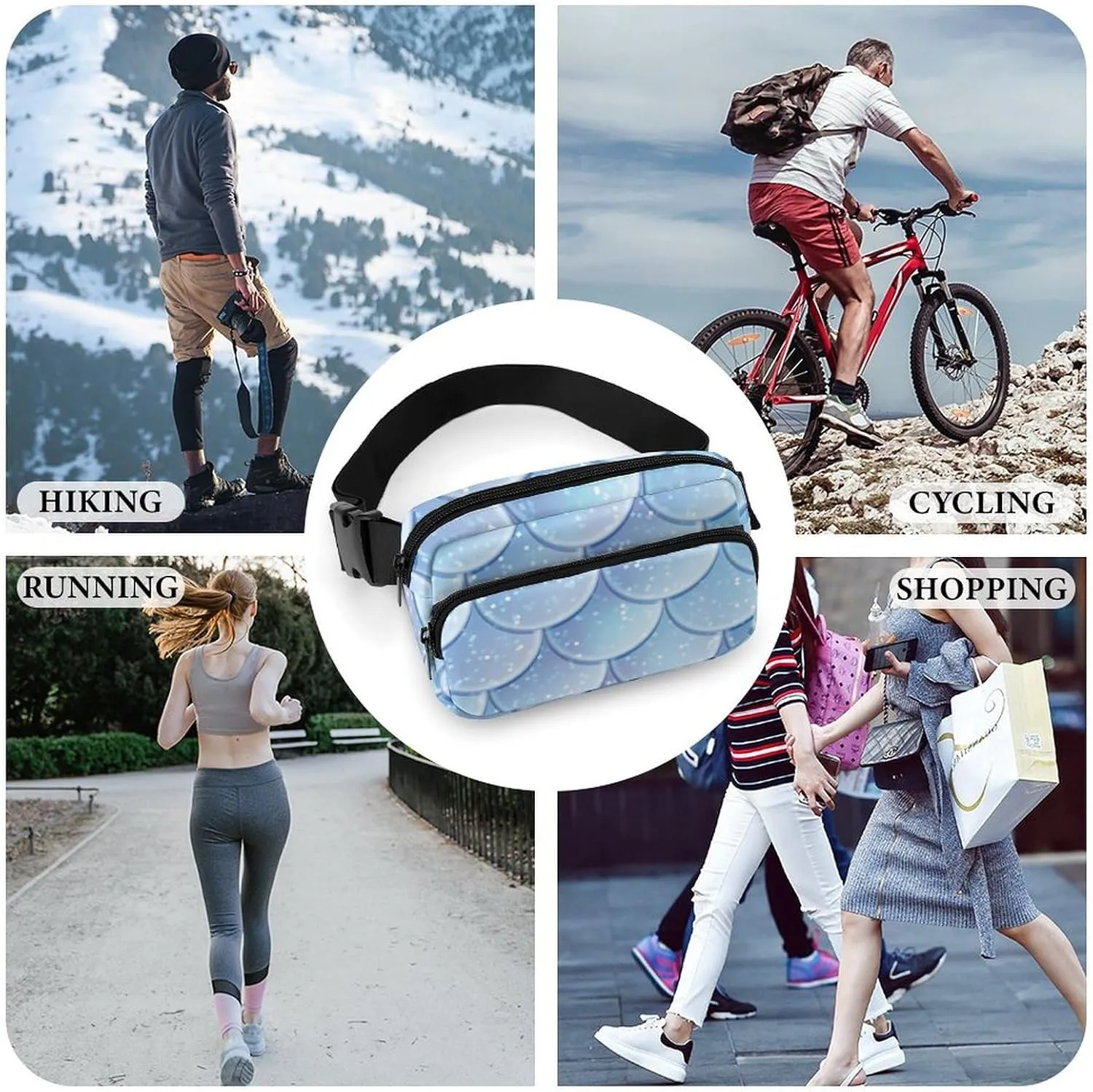 Mens Adjustable Crossbody Waist Bag Compact Fanny Pack Compatible with Watercolor Blue Mermaid Fish Scales for Workout/Travel