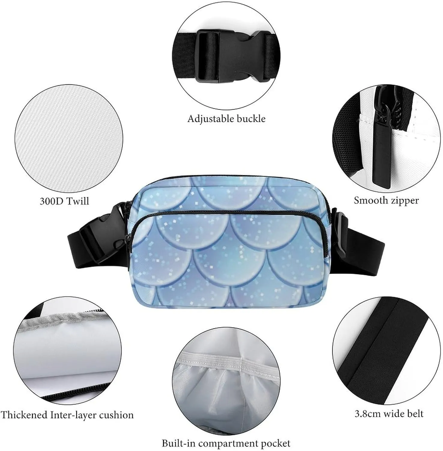 Mens Adjustable Crossbody Waist Bag Compact Fanny Pack Compatible with Watercolor Blue Mermaid Fish Scales for Workout/Travel