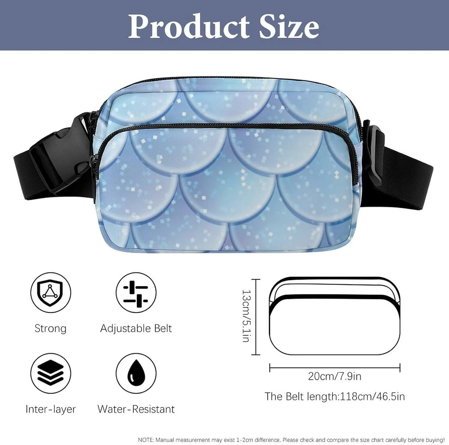 Mens Adjustable Crossbody Waist Bag Compact Fanny Pack Compatible with Watercolor Blue Mermaid Fish Scales for Workout/Travel