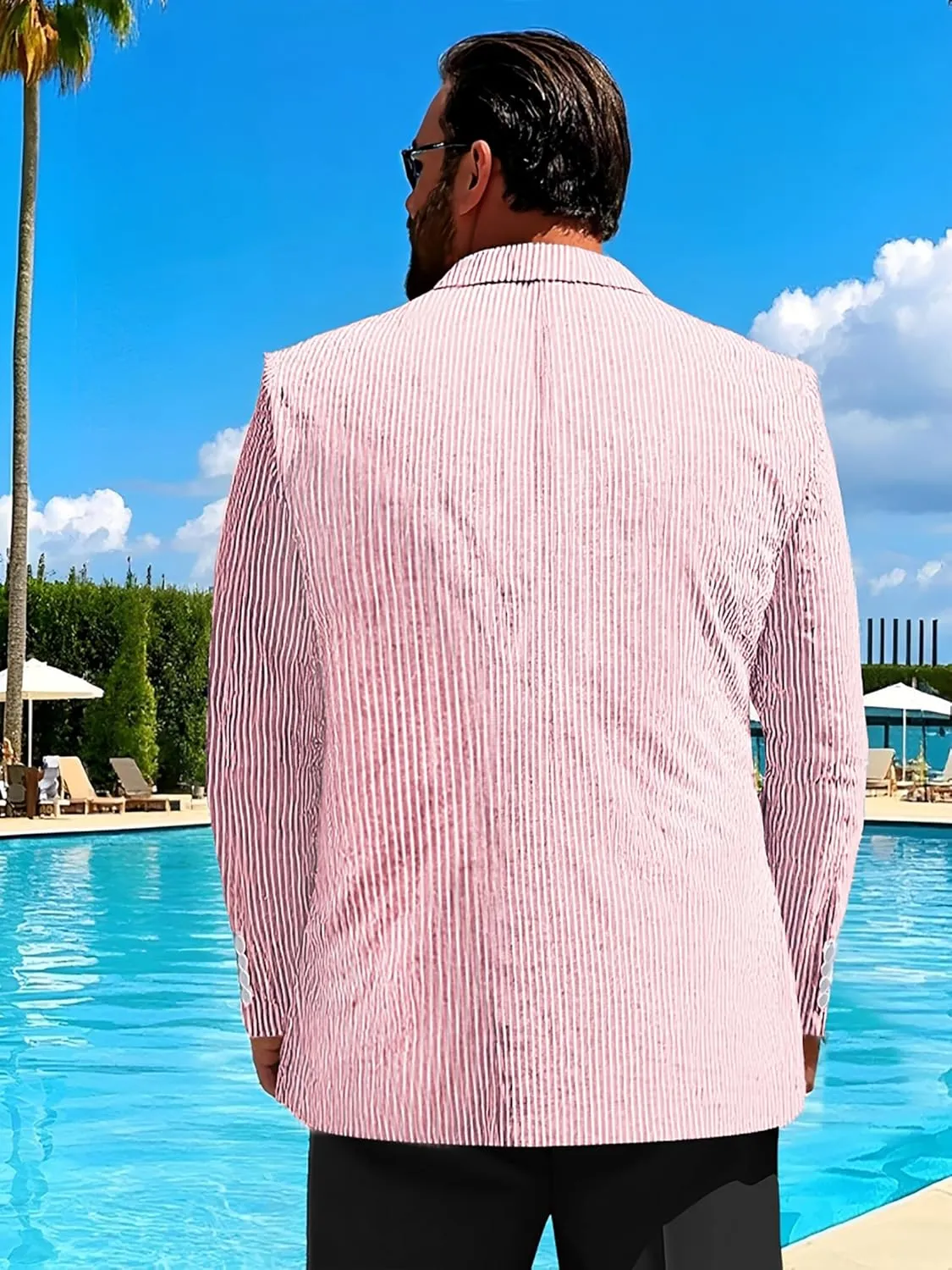 Men's Big & Tall Striped Seersucker Blazer Casual Lightweight Suit Jacket Summer Beach Wedding Daily Wear