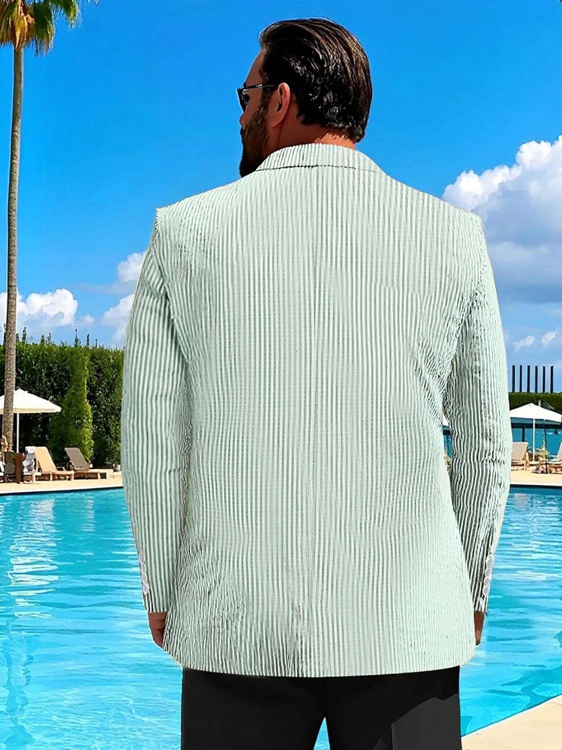 Men's Big & Tall Striped Seersucker Blazer Casual Lightweight Suit Jacket Summer Beach Wedding Daily Wear
