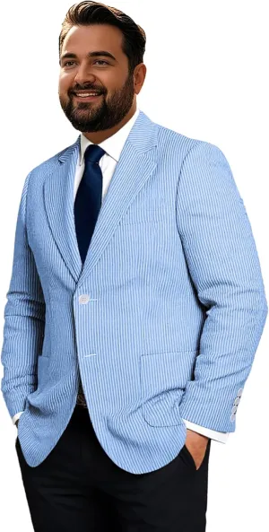 Men's Big & Tall Striped Seersucker Blazer Casual Lightweight Suit Jacket Summer Beach Wedding Daily Wear