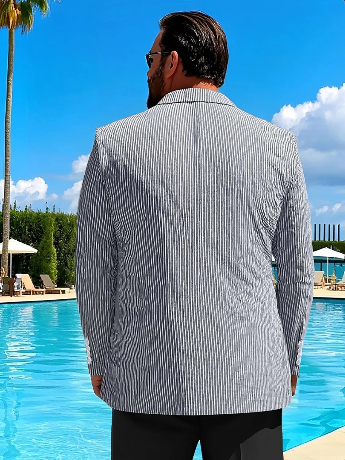 Men's Big & Tall Striped Seersucker Blazer Casual Lightweight Suit Jacket Summer Beach Wedding Daily Wear