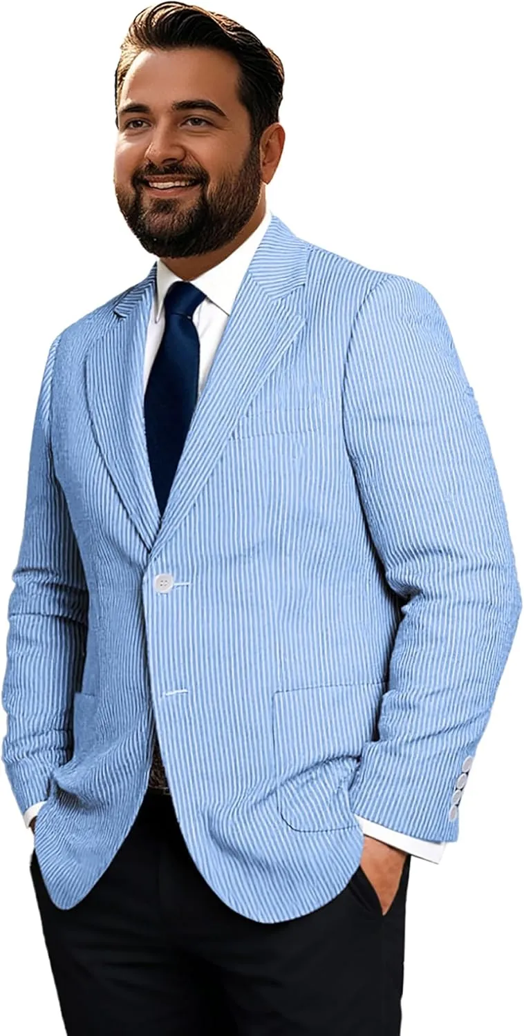 Men's Big & Tall Striped Seersucker Blazer Casual Lightweight Suit Jacket Summer Beach Wedding Daily Wear
