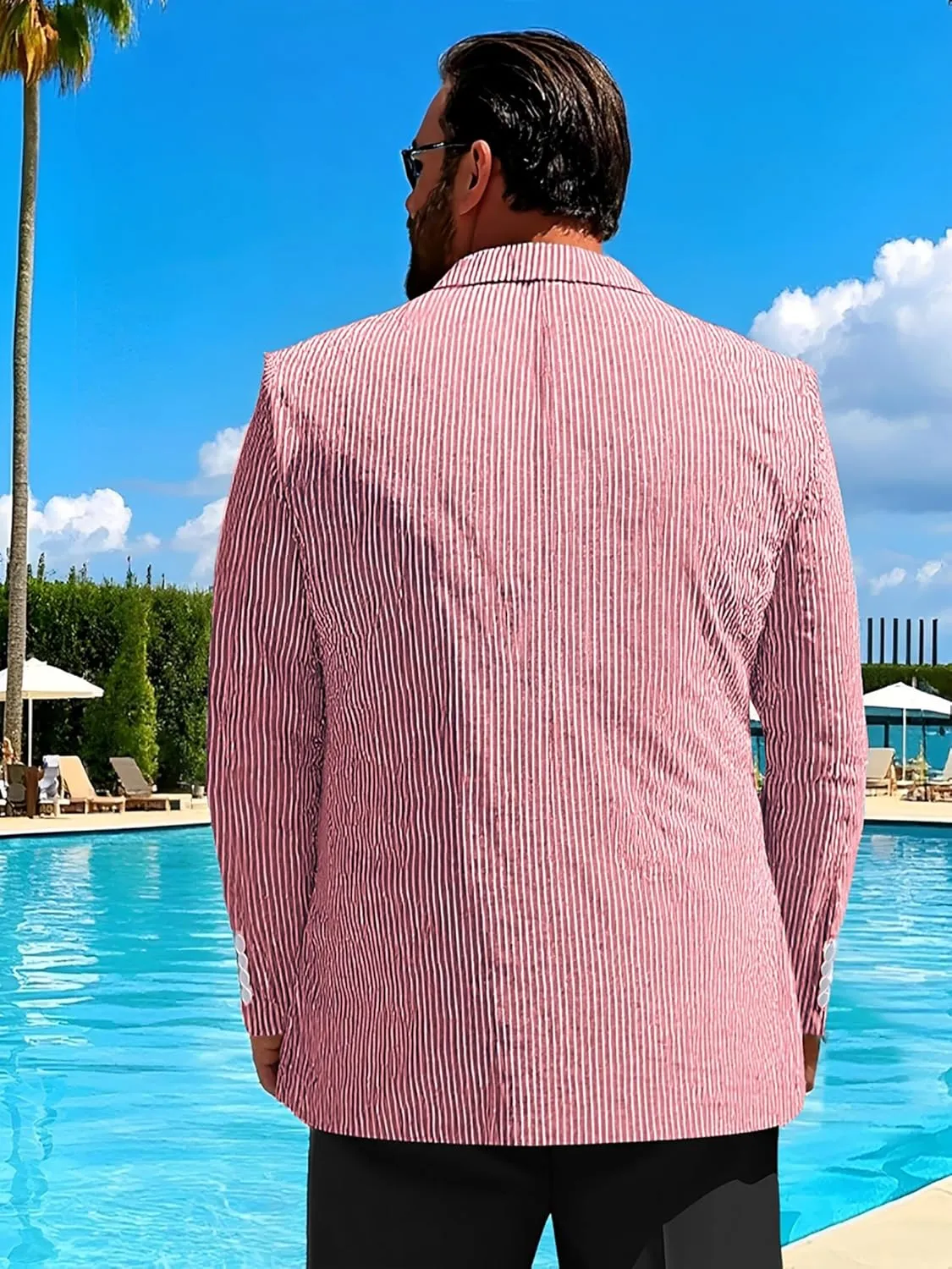 Men's Big & Tall Striped Seersucker Blazer Casual Lightweight Suit Jacket Summer Beach Wedding Daily Wear