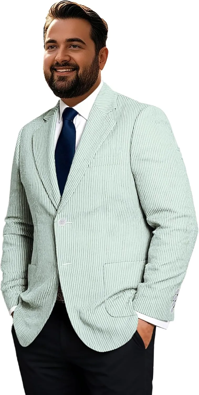 Men's Big & Tall Striped Seersucker Blazer Casual Lightweight Suit Jacket Summer Beach Wedding Daily Wear