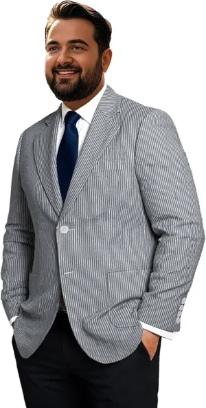Men's Big & Tall Striped Seersucker Blazer Casual Lightweight Suit Jacket Summer Beach Wedding Daily Wear