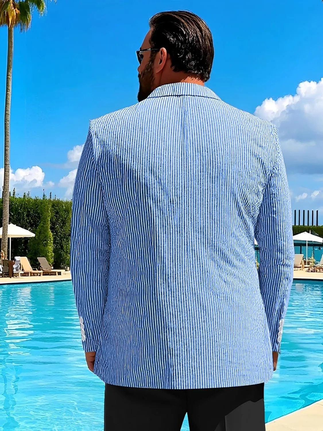 Men's Big & Tall Striped Seersucker Blazer Casual Lightweight Suit Jacket Summer Beach Wedding Daily Wear