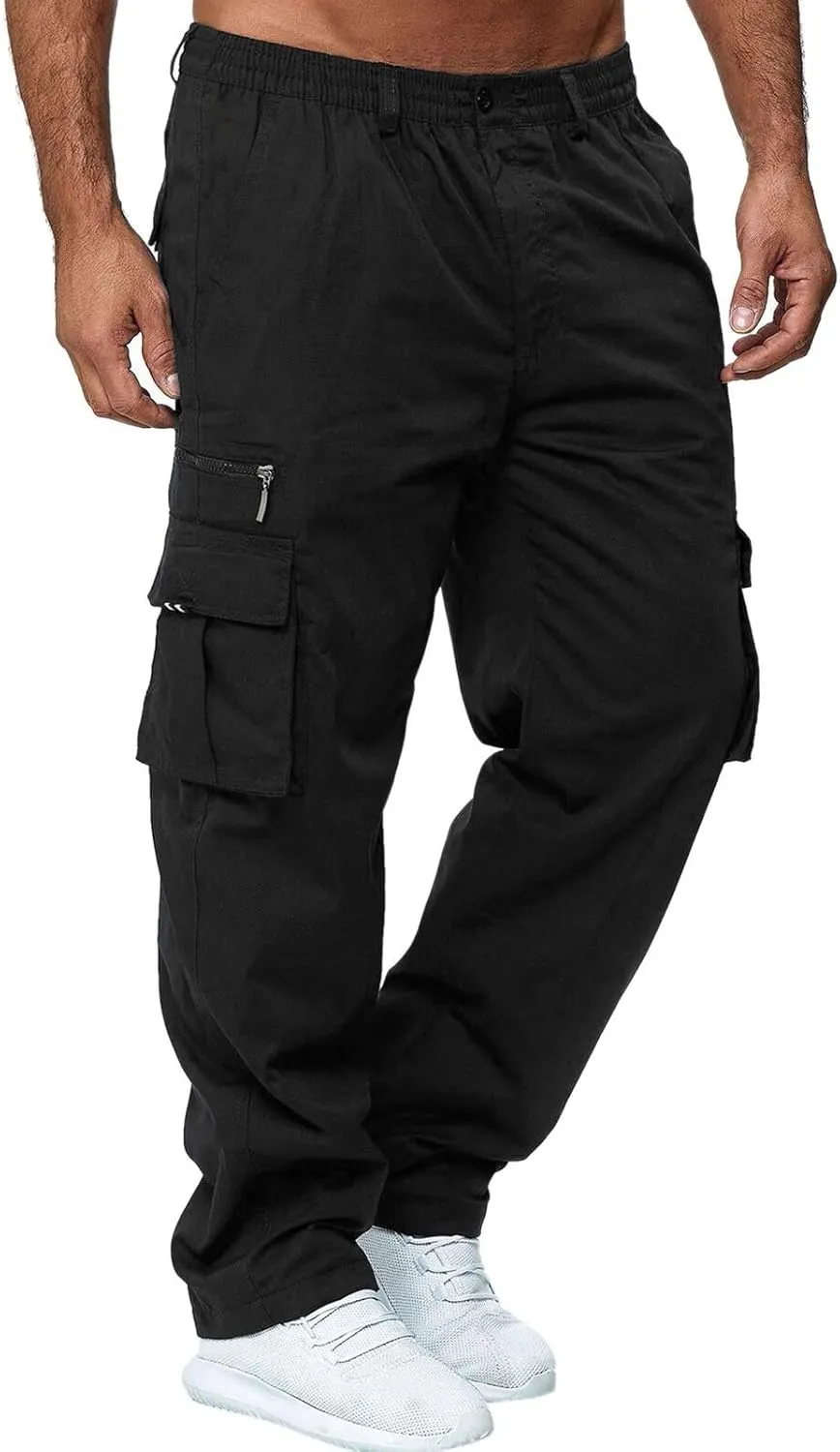 Men's Cargo Sweatpants Lightweight Drawstring Casual Joggers Loose Open Bottom Athletic Pants for Men with Pockets