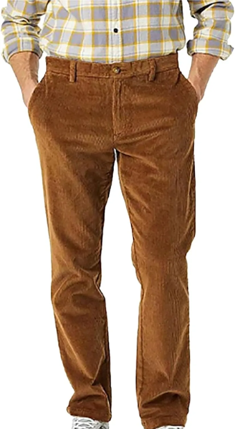 Men's Casual Corduroy Pants Loose Fit Stretch Waist Straight Leg Trousers Lightweight Button Up Plus Size Lounge Pants