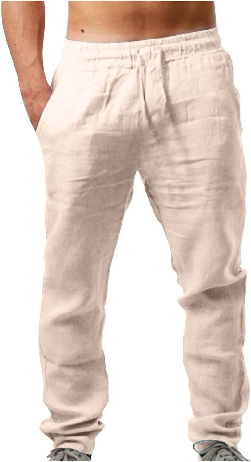 Mens Casual Cotton Linen Pants, Loose Fit Elastic Drawstring Waist Straight-Legs Summer Yoga Beach Long Pants