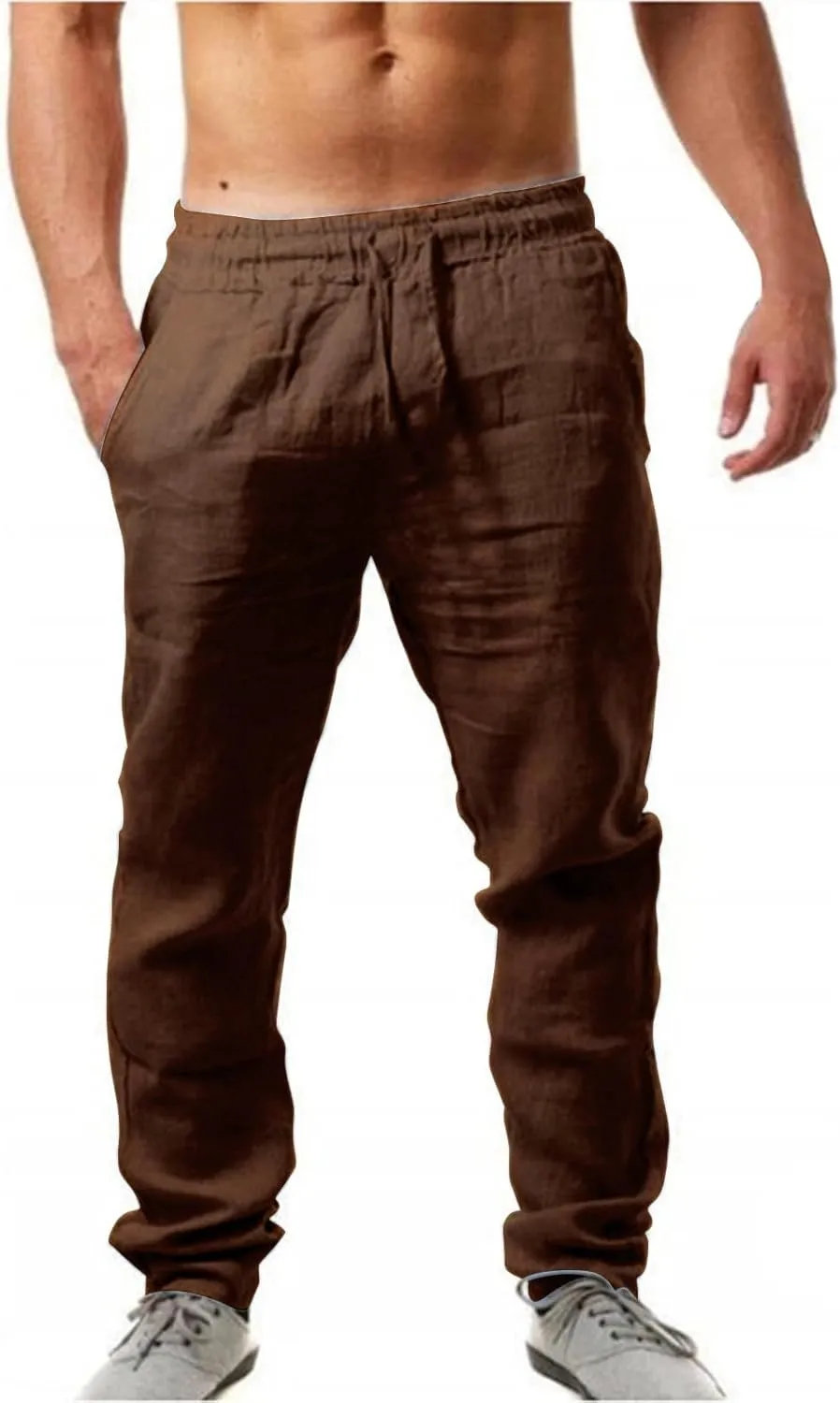 Mens Casual Cotton Linen Pants, Loose Fit Elastic Drawstring Waist Straight-Legs Summer Yoga Beach Long Pants