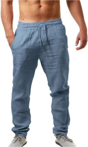 Mens Casual Cotton Linen Pants, Loose Fit Elastic Drawstring Waist Straight-Legs Summer Yoga Beach Long Pants
