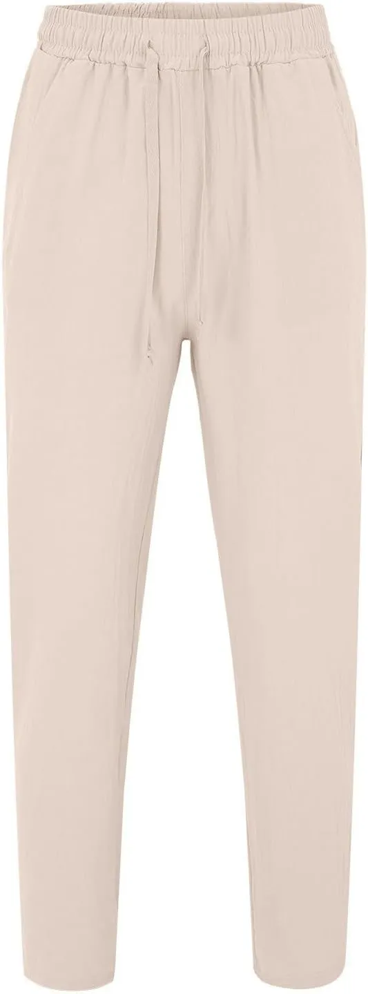 Mens Casual Cotton Linen Pants, Loose Fit Elastic Drawstring Waist Straight-Legs Summer Yoga Beach Long Pants