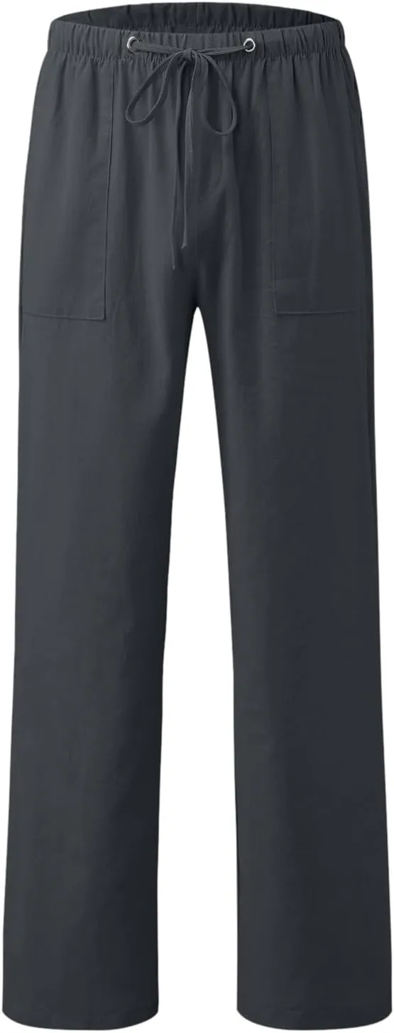 Mens Chino Pants Casual Linen Pants Drawstring Elastic Waist Summer Beach Pants Lightweight Plus Size Loose Fit Joggers