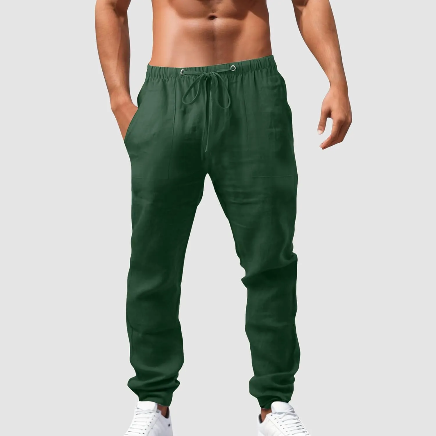Mens Chino Pants Casual Linen Pants Drawstring Elastic Waist Summer Beach Pants Lightweight Plus Size Loose Fit Joggers