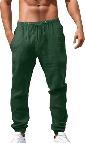 Mens Chino Pants Casual Linen Pants Drawstring Elastic Waist Summer Beach Pants Lightweight Plus Size Loose Fit Joggers