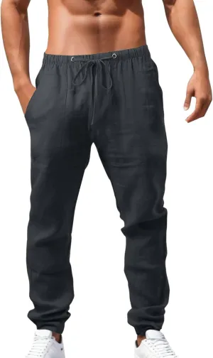 Mens Chino Pants Casual Linen Pants Drawstring Elastic Waist Summer Beach Pants Lightweight Plus Size Loose Fit Joggers