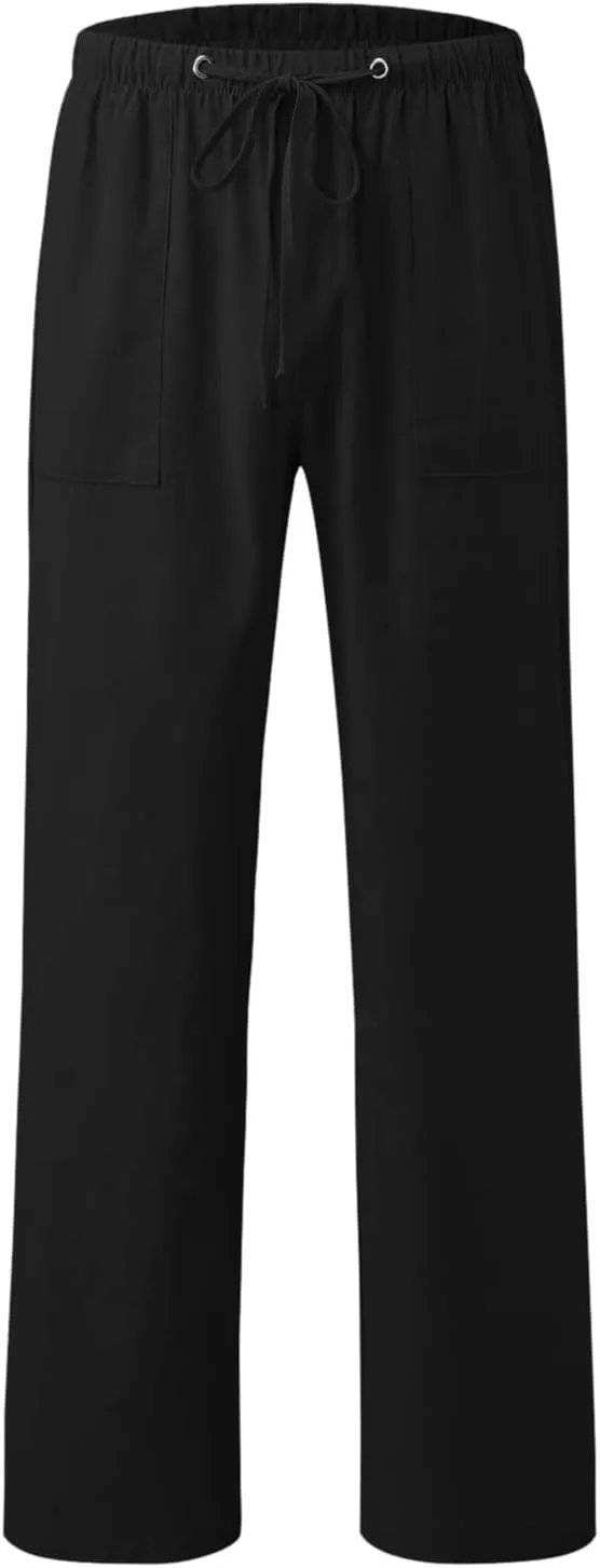 Mens Chino Pants Casual Linen Pants Drawstring Elastic Waist Summer Beach Pants Lightweight Plus Size Loose Fit Joggers