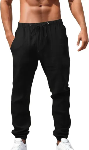 Mens Chino Pants Casual Linen Pants Drawstring Elastic Waist Summer Beach Pants Lightweight Plus Size Loose Fit Joggers