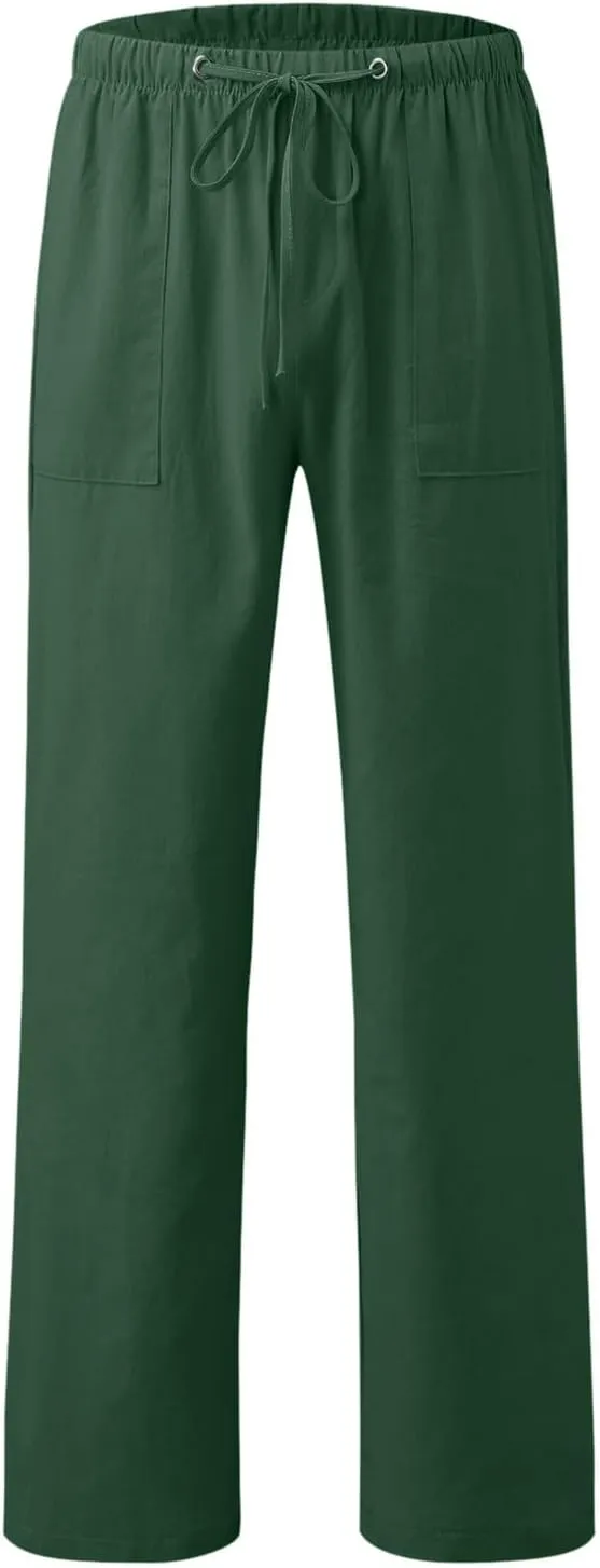 Mens Chino Pants Casual Linen Pants Drawstring Elastic Waist Summer Beach Pants Lightweight Plus Size Loose Fit Joggers