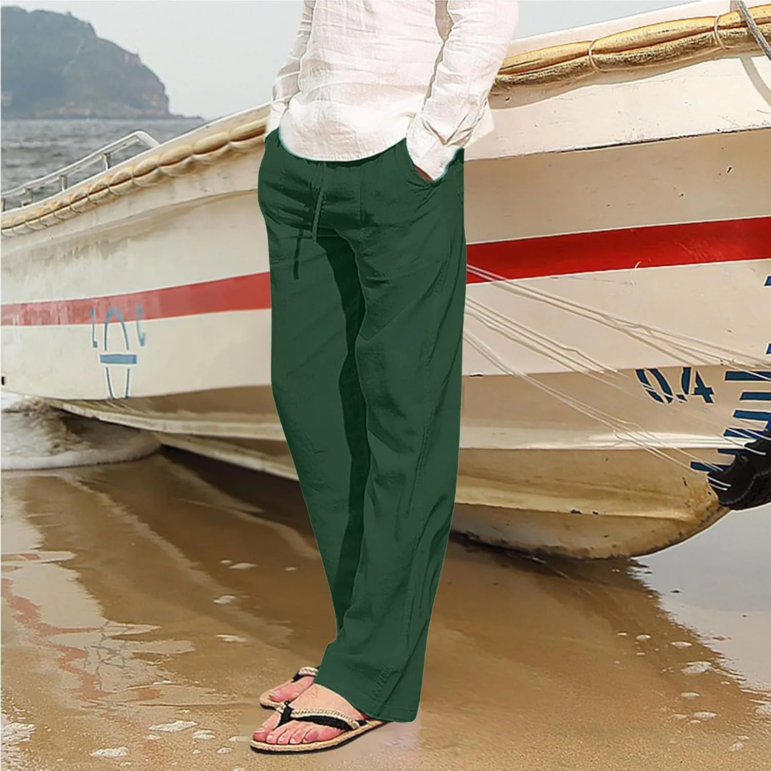 Mens Chino Pants Casual Linen Pants Drawstring Elastic Waist Summer Beach Pants Lightweight Plus Size Loose Fit Joggers