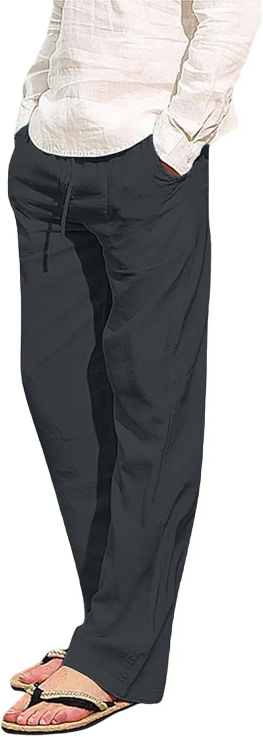 Mens Chino Pants Casual Linen Pants Drawstring Elastic Waist Summer Beach Pants Lightweight Plus Size Loose Fit Joggers