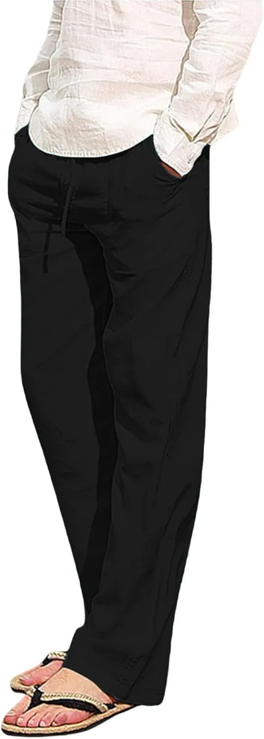 Mens Chino Pants Casual Linen Pants Drawstring Elastic Waist Summer Beach Pants Lightweight Plus Size Loose Fit Joggers