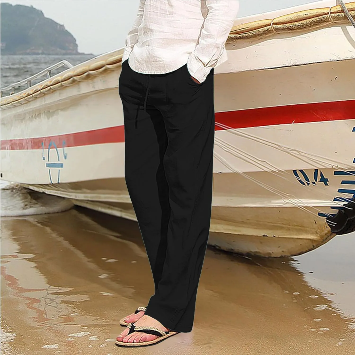 Mens Chino Pants Casual Linen Pants Drawstring Elastic Waist Summer Beach Pants Lightweight Plus Size Loose Fit Joggers