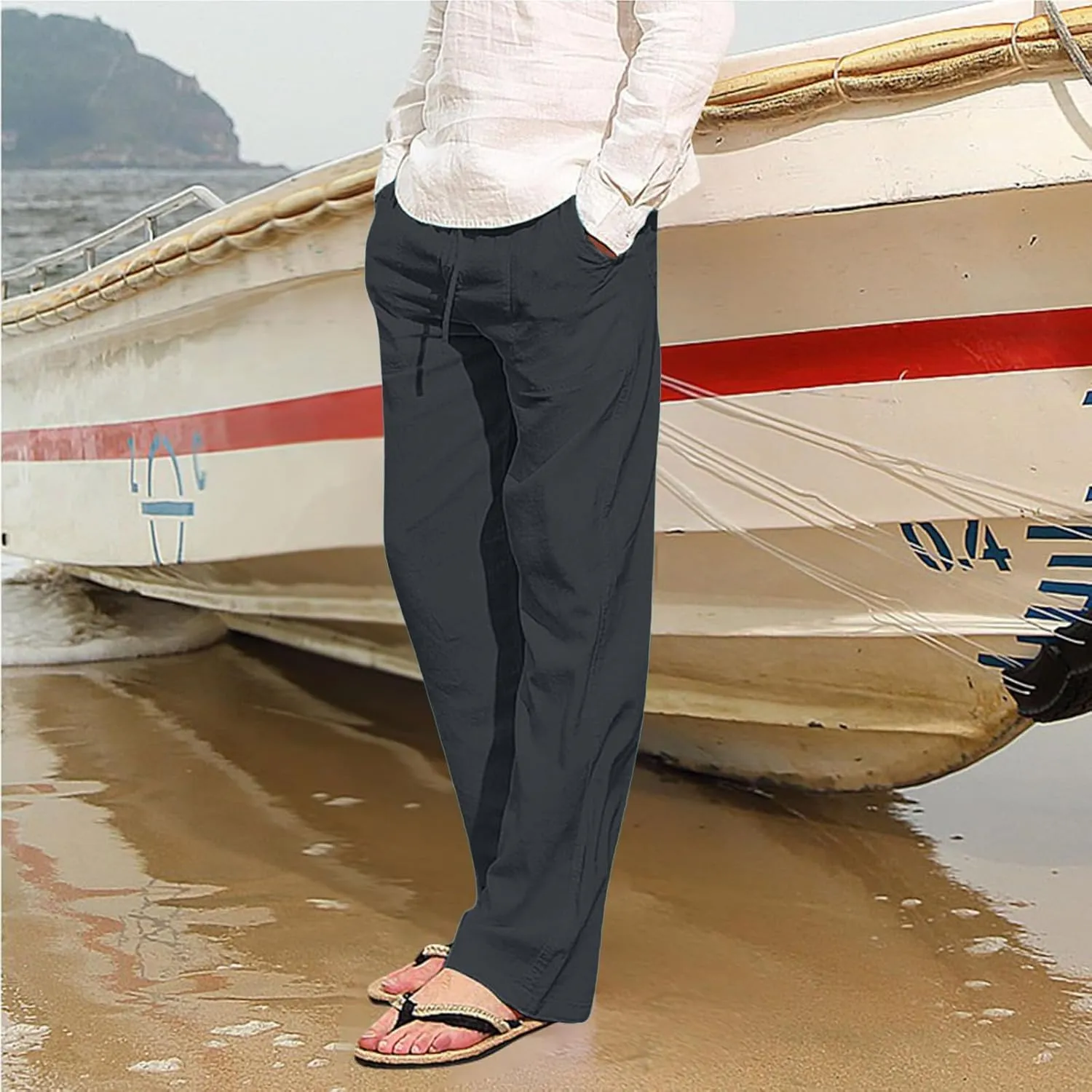 Mens Chino Pants Casual Linen Pants Drawstring Elastic Waist Summer Beach Pants Lightweight Plus Size Loose Fit Joggers
