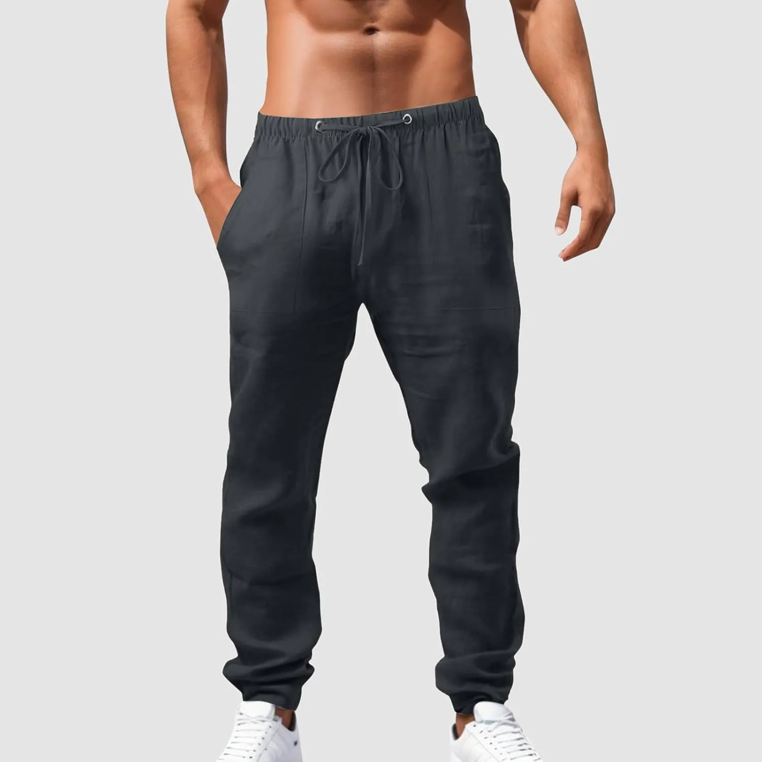 Mens Chino Pants Casual Linen Pants Drawstring Elastic Waist Summer Beach Pants Lightweight Plus Size Loose Fit Joggers