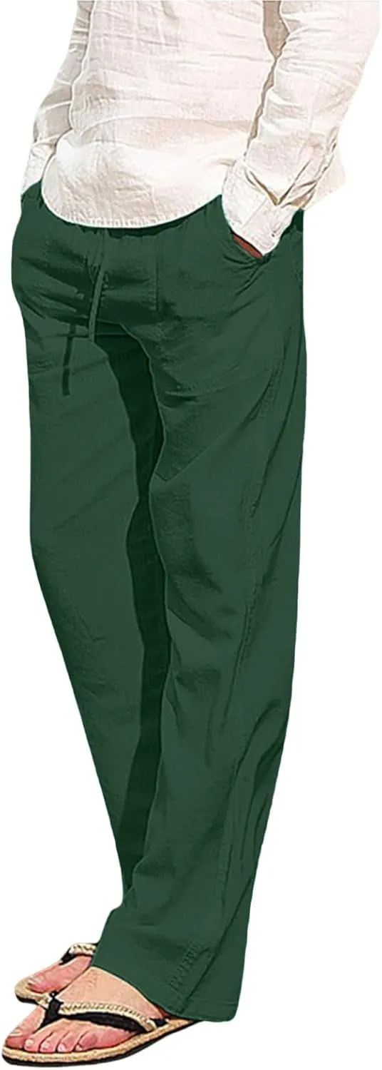 Mens Chino Pants Casual Linen Pants Drawstring Elastic Waist Summer Beach Pants Lightweight Plus Size Loose Fit Joggers