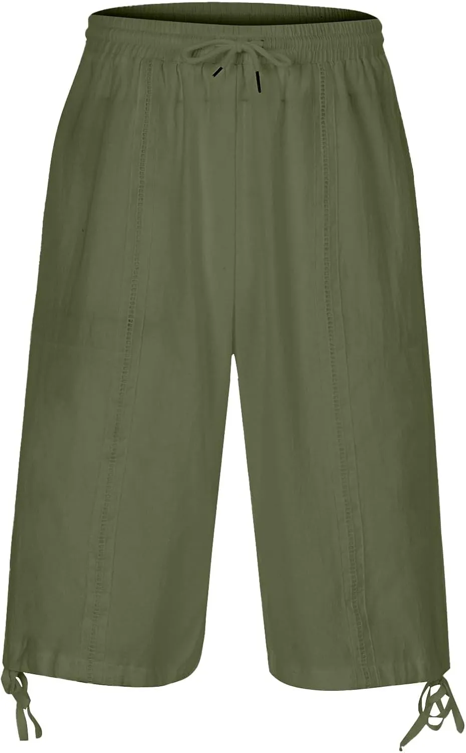 Mens Cotton and Linen Capri Pants Expandable Waist Drawstring Fashion Solid Cropped Pant Summer Loose Workout Jogger Trousers