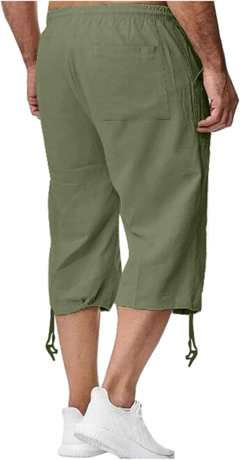 Mens Cotton and Linen Capri Pants Expandable Waist Drawstring Fashion Solid Cropped Pant Summer Loose Workout Jogger Trousers