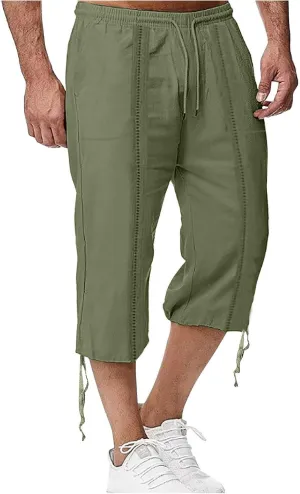 Mens Cotton and Linen Capri Pants Expandable Waist Drawstring Fashion Solid Cropped Pant Summer Loose Workout Jogger Trousers
