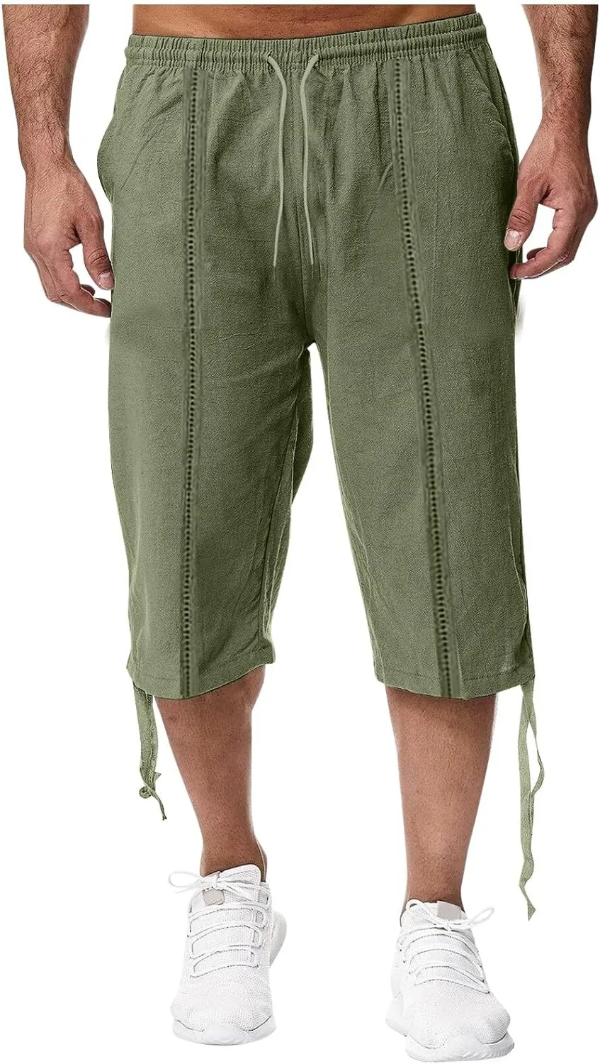 Mens Cotton and Linen Capri Pants Expandable Waist Drawstring Fashion Solid Cropped Pant Summer Loose Workout Jogger Trousers