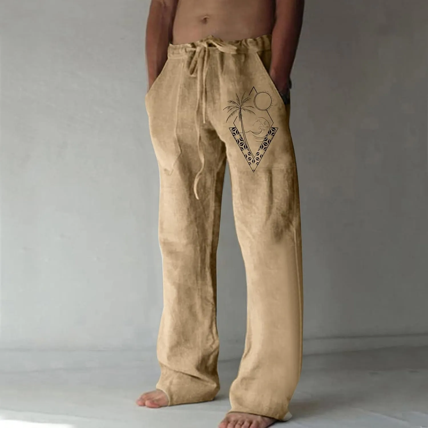 Men's Cotton Linen Jogging Trousers Loose Casual Beach Vacation Pants Quick Dry Lightweight Daily Wear with Pockets