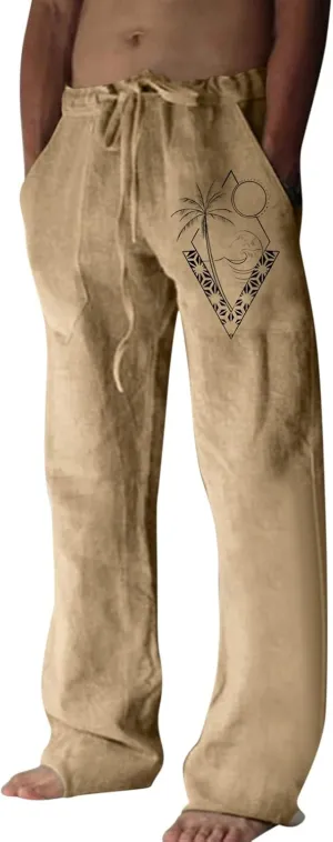 Men's Cotton Linen Jogging Trousers Loose Casual Beach Vacation Pants Quick Dry Lightweight Daily Wear with Pockets