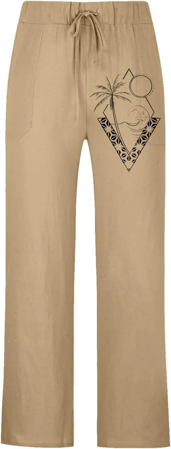 Men's Cotton Linen Jogging Trousers Loose Casual Beach Vacation Pants Quick Dry Lightweight Daily Wear with Pockets