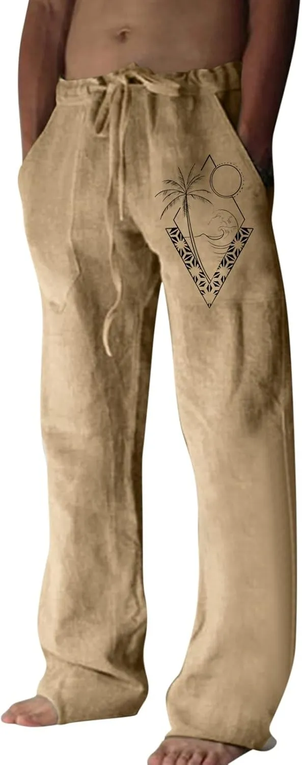 Men's Cotton Linen Jogging Trousers Loose Casual Beach Vacation Pants Quick Dry Lightweight Daily Wear with Pockets