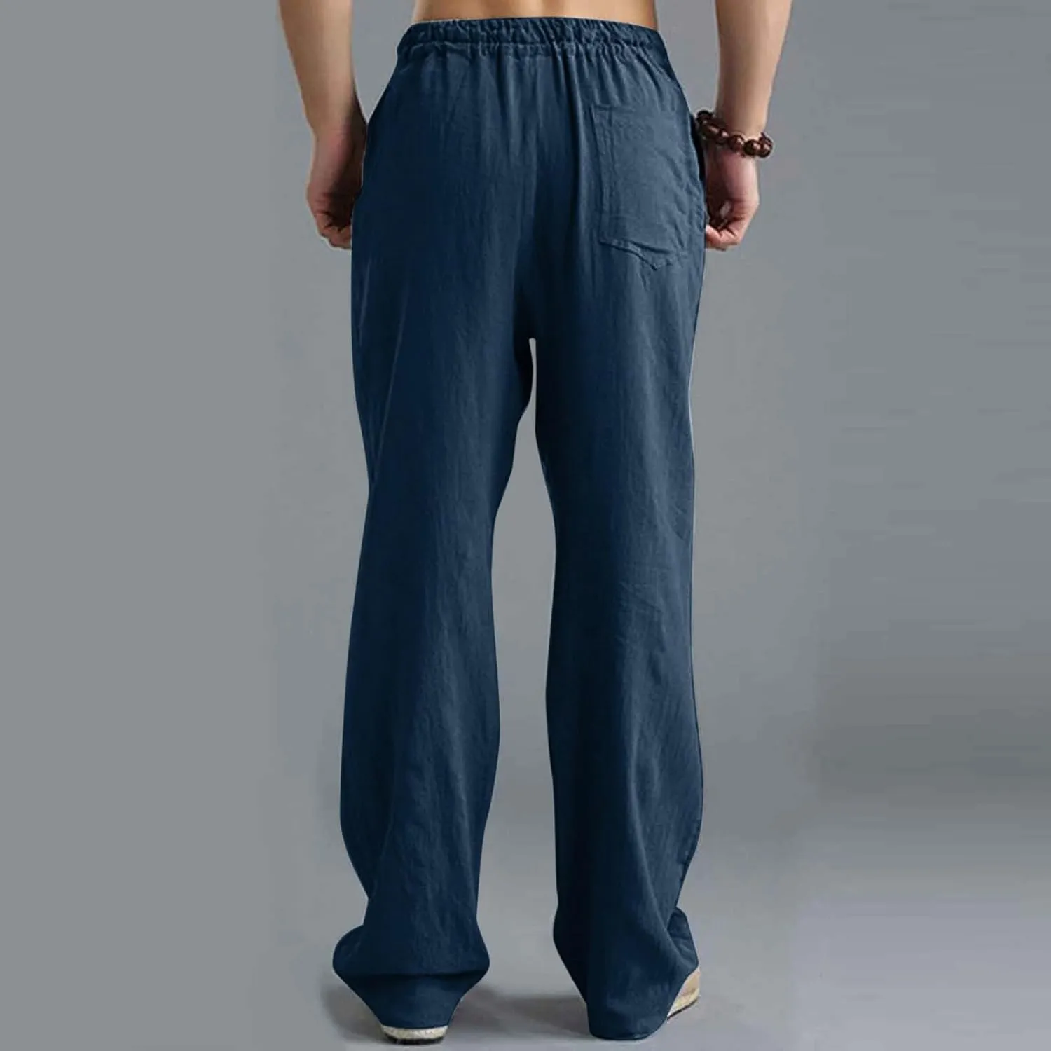 Men's Cotton Pants Lightweight Solid Color Pants Drawstring Elastic Waist Wide Leg Trouser Leisure and Daily Wear