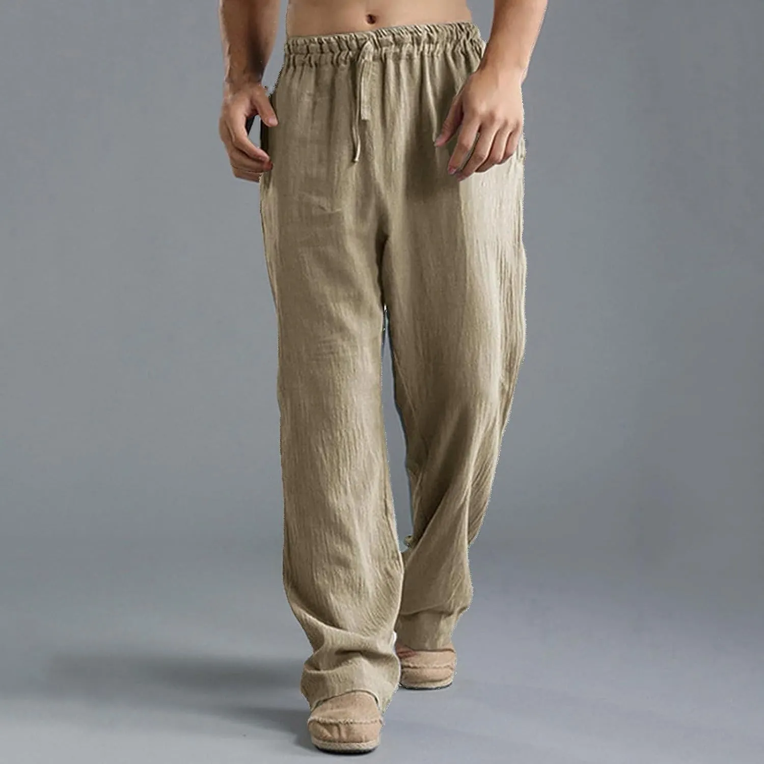 Men's Cotton Pants Lightweight Solid Color Pants Drawstring Elastic Waist Wide Leg Trouser Leisure and Daily Wear