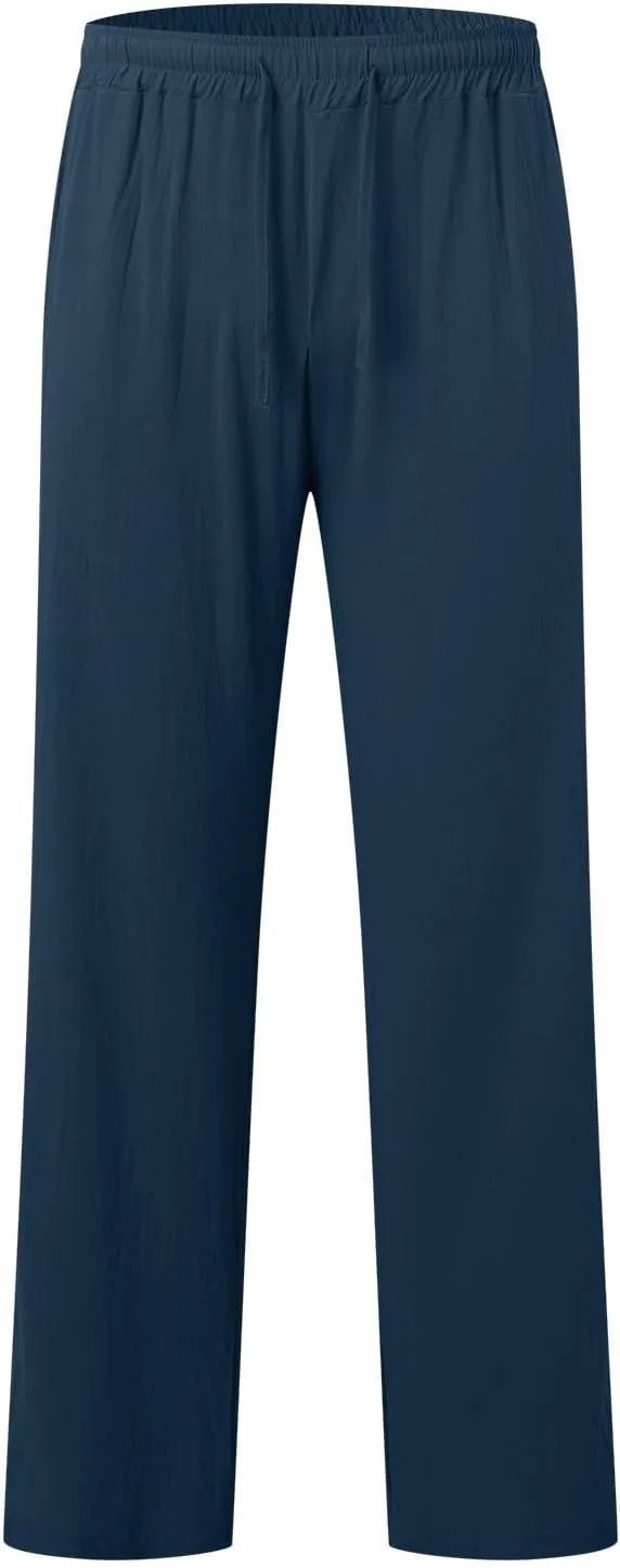 Men's Cotton Pants Lightweight Solid Color Pants Drawstring Elastic Waist Wide Leg Trouser Leisure and Daily Wear