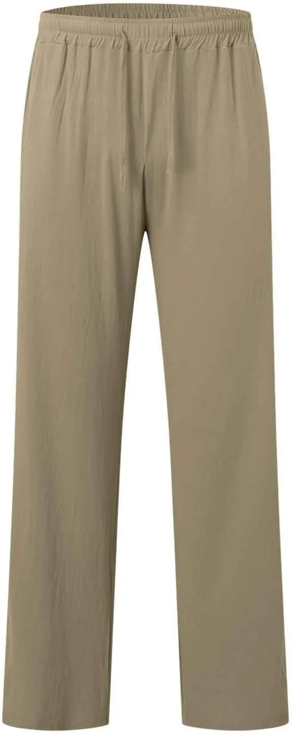 Men's Cotton Pants Lightweight Solid Color Pants Drawstring Elastic Waist Wide Leg Trouser Leisure and Daily Wear