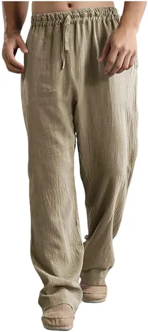 Men's Cotton Pants Lightweight Solid Color Pants Drawstring Elastic Waist Wide Leg Trouser Leisure and Daily Wear