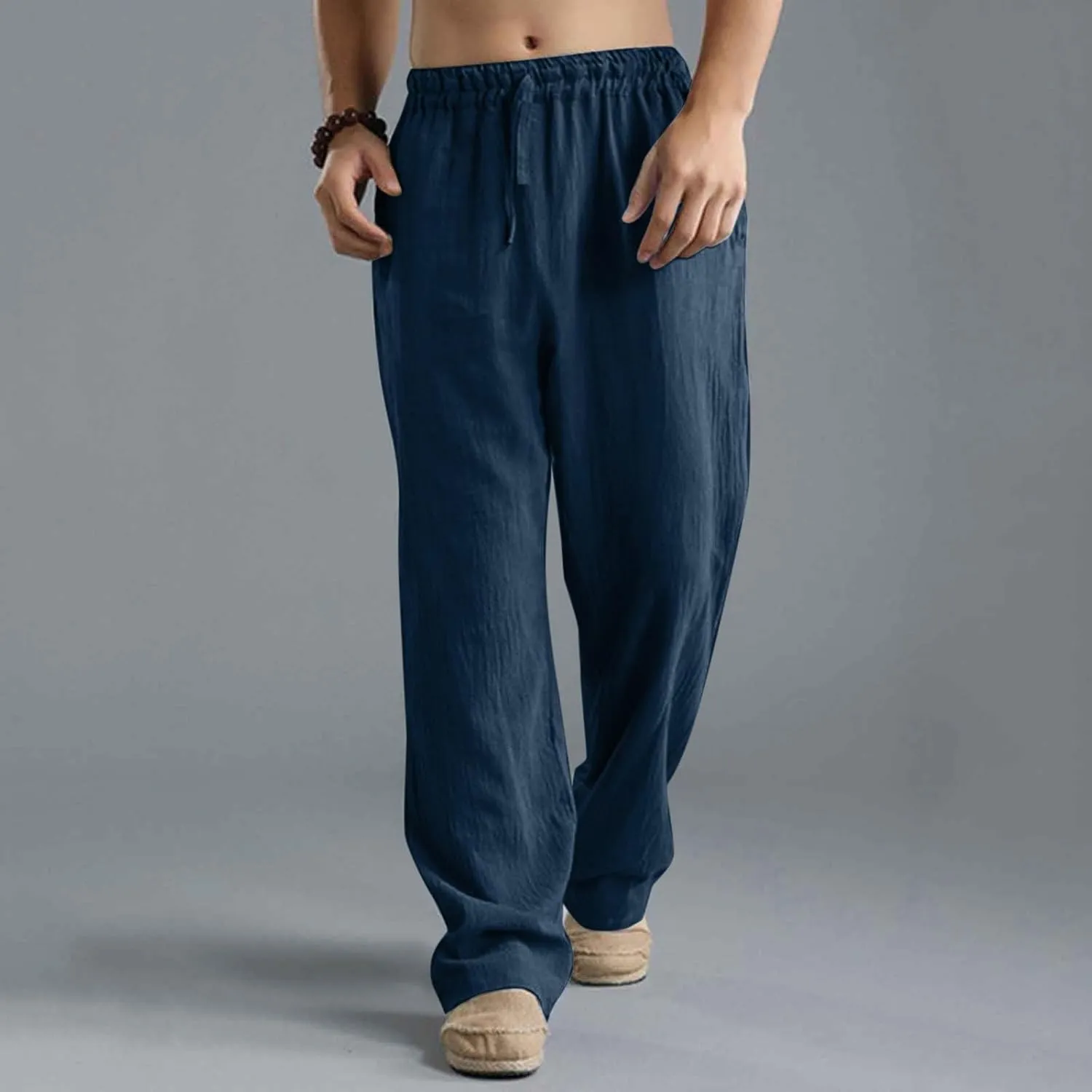 Men's Cotton Pants Lightweight Solid Color Pants Drawstring Elastic Waist Wide Leg Trouser Leisure and Daily Wear