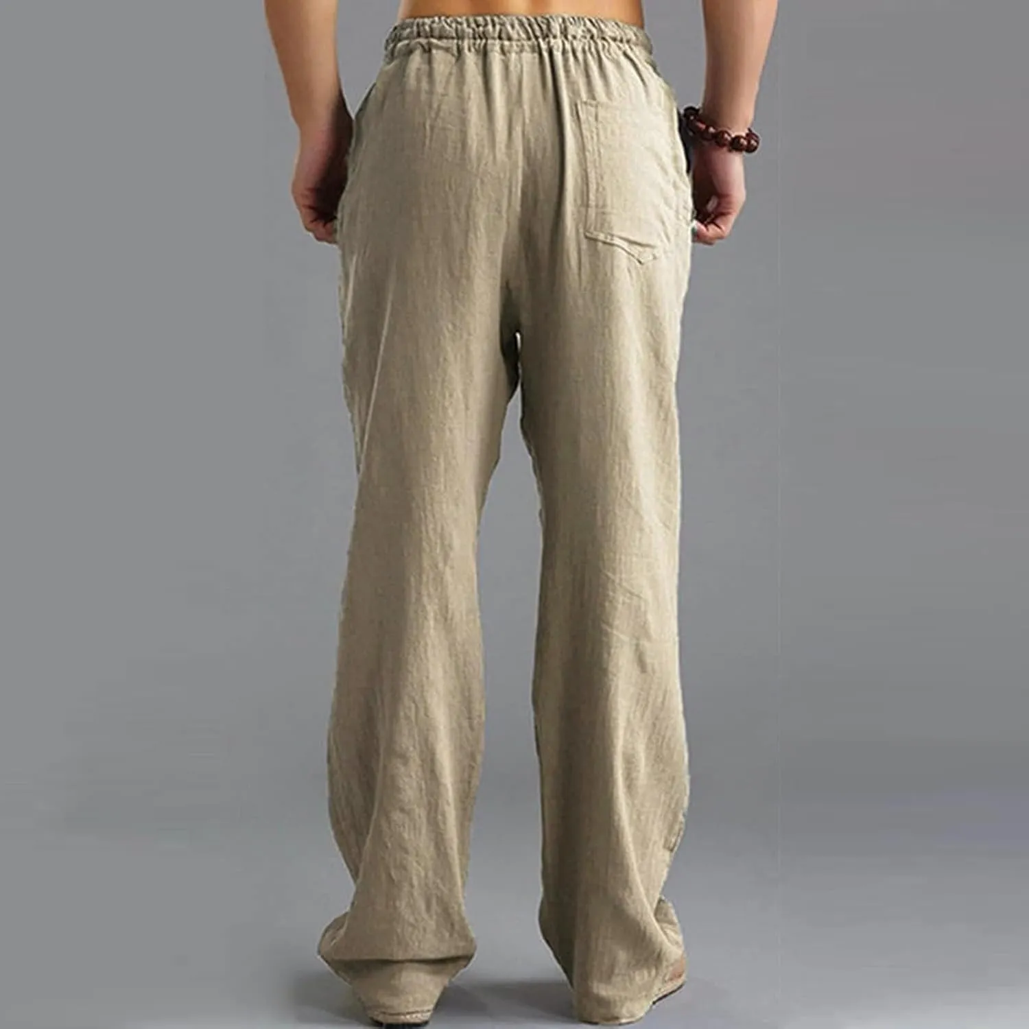 Men's Cotton Pants Lightweight Solid Color Pants Drawstring Elastic Waist Wide Leg Trouser Leisure and Daily Wear