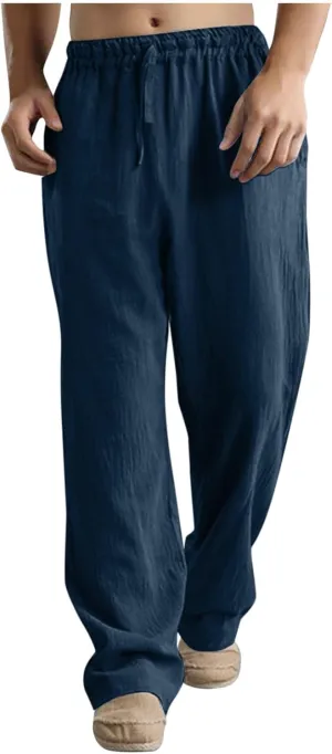 Men's Cotton Pants Lightweight Solid Color Pants Drawstring Elastic Waist Wide Leg Trouser Leisure and Daily Wear