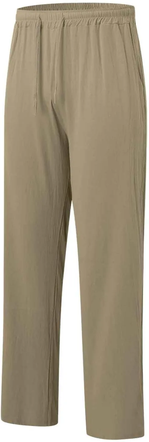 Men's Cotton Pants Lightweight Solid Color Pants Drawstring Elastic Waist Wide Leg Trouser Leisure and Daily Wear