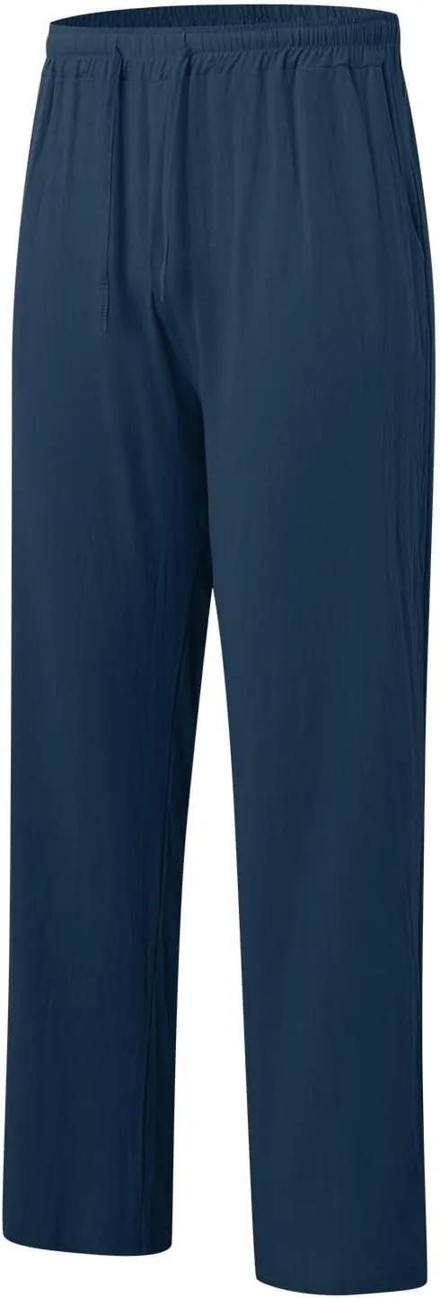 Men's Cotton Pants Lightweight Solid Color Pants Drawstring Elastic Waist Wide Leg Trouser Leisure and Daily Wear